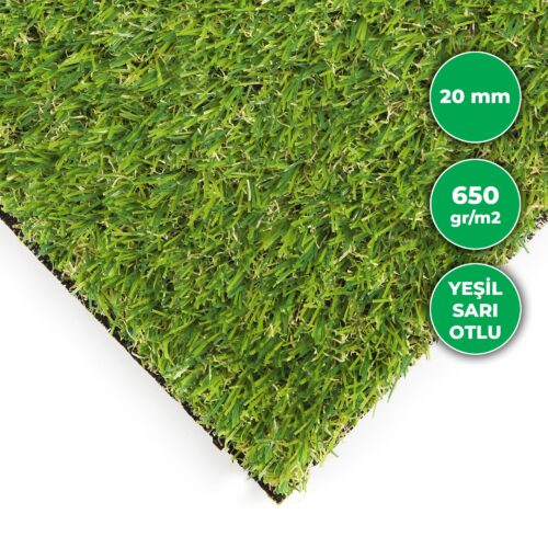 Gerçekçi yapay çim halı sarı otlu ve 20 mm kalınlığında.